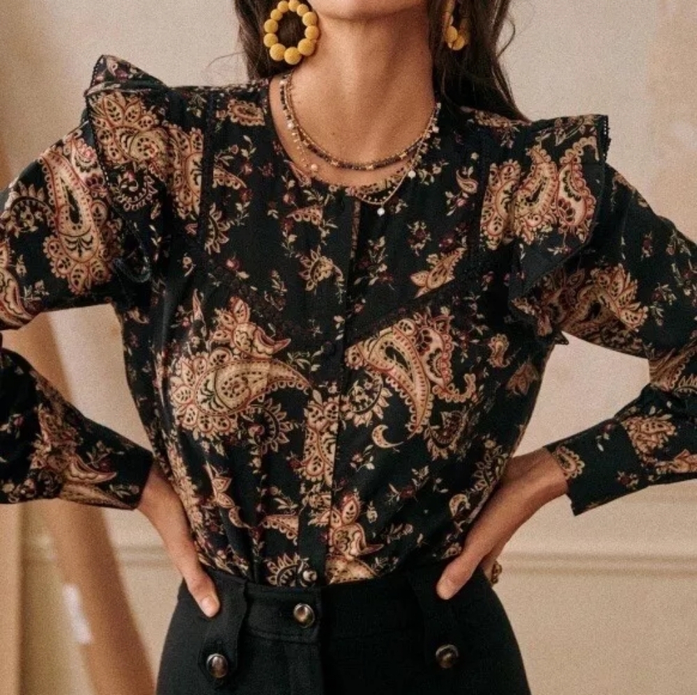 Sezane Meadow Blouse in Paisley Noir size 36 NWT